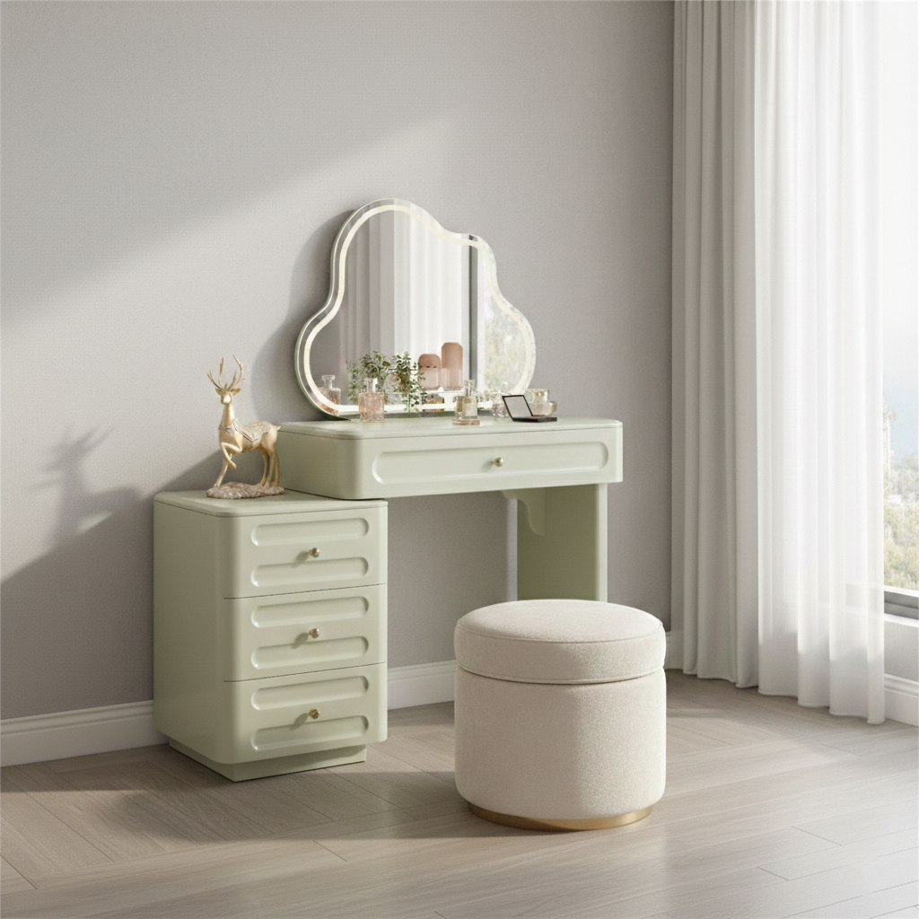 Expandable Modern Vanity Desk With 3-Drawer Cabinet - MDF & Solid Particle Board Minimalist Makeup Vanity With Storage For Bedroom Lumendat