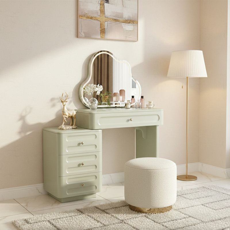 Expandable Modern Vanity Desk With 3-Drawer Cabinet - MDF & Solid Particle Board Minimalist Makeup Vanity With Storage For Bedroom Lumendat