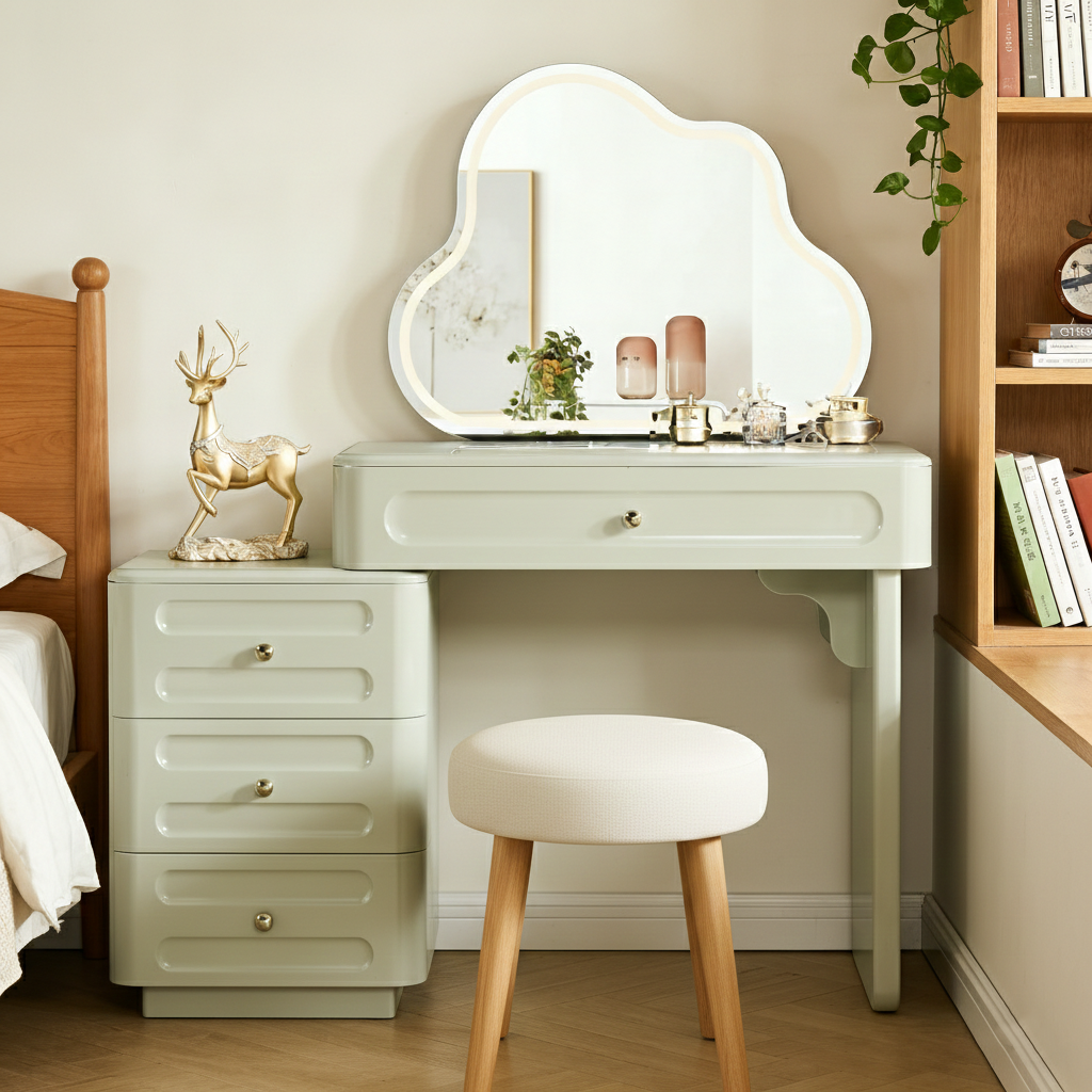 Expandable Modern Vanity Desk With 3-Drawer Cabinet - MDF & Solid Particle Board Minimalist Makeup Vanity With Storage For Bedroom Lumendat
