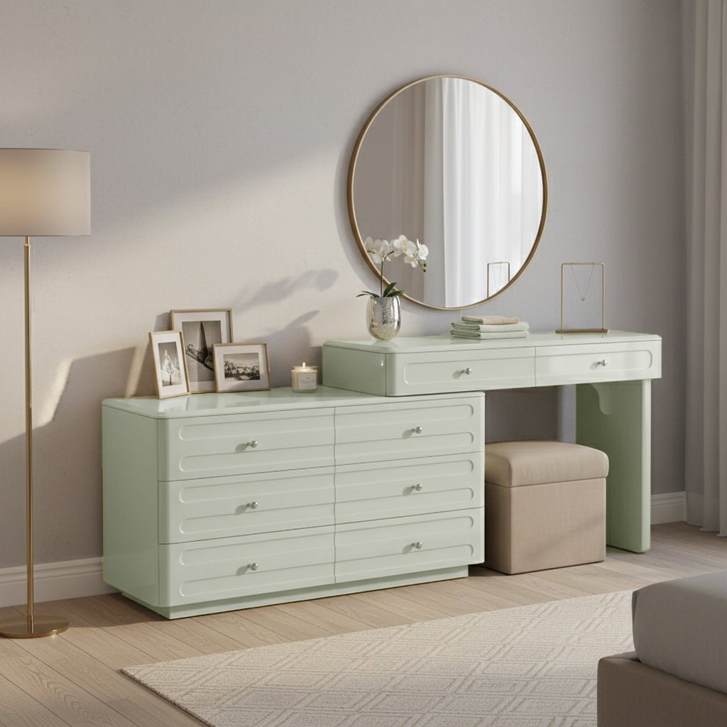 Space-Saving Expandable Dressing Table With Storage - Modern Minimalist MDF & Solid Particle Board Makeup Vanity With 8 Drawers For Bedroom Lumendat