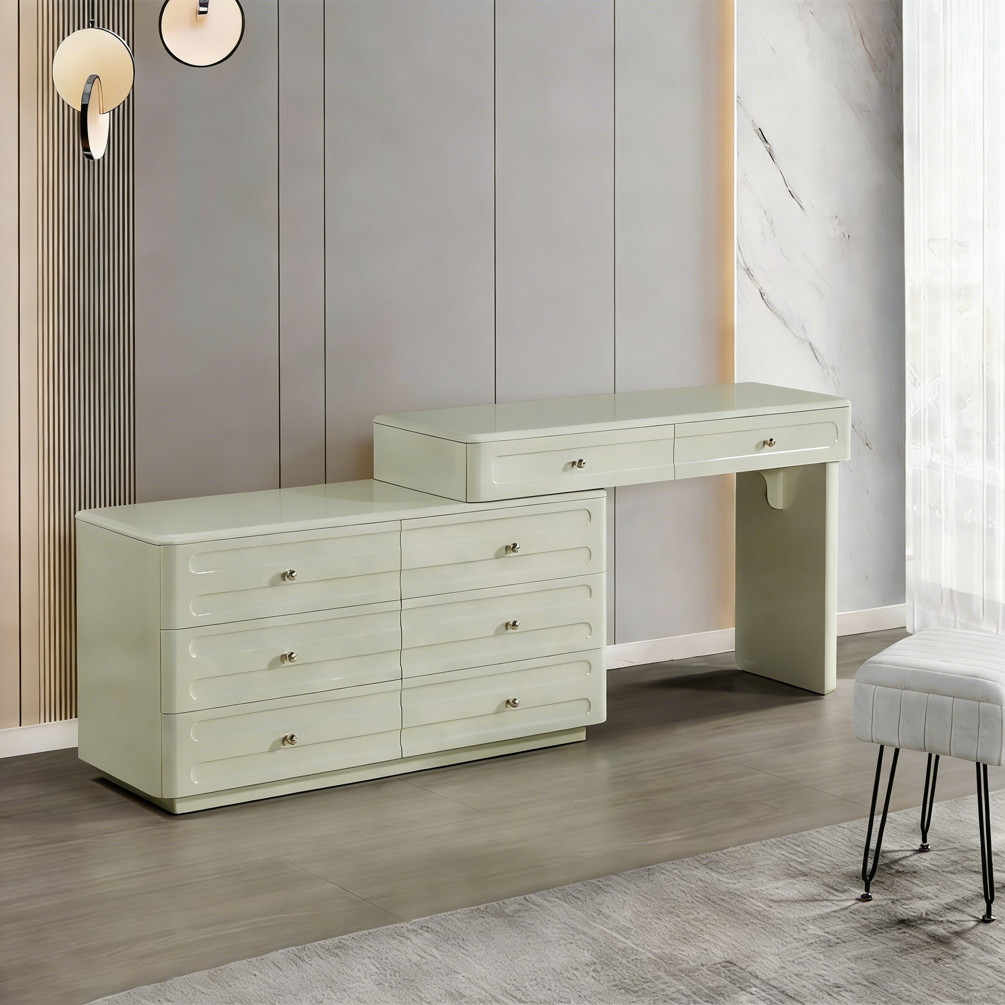 Space-Saving Expandable Dressing Table With Storage - Modern Minimalist MDF & Solid Particle Board Makeup Vanity With 8 Drawers For Bedroom Lumendat