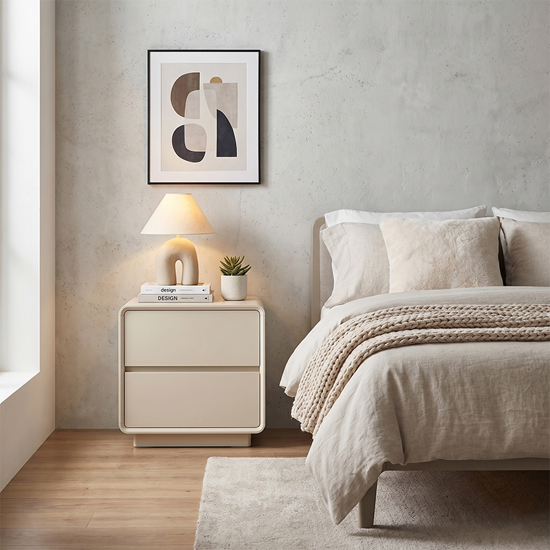 Modern Minimalist MDF Cream White Nightstand 2-Drawer - Rounded Edge Bedside Storage Cabinet With Hidden Handle For Bedroom Lumendat