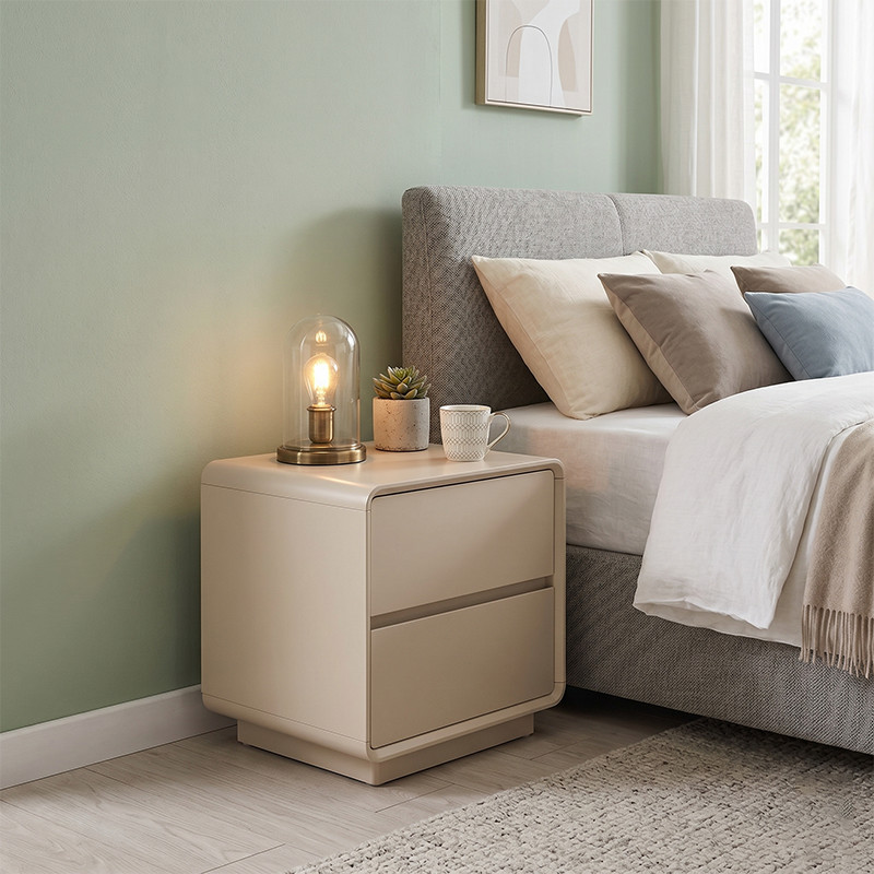 Modern Minimalist MDF Cream White Nightstand 2-Drawer - Rounded Edge Bedside Storage Cabinet With Hidden Handle For Bedroom Lumendat