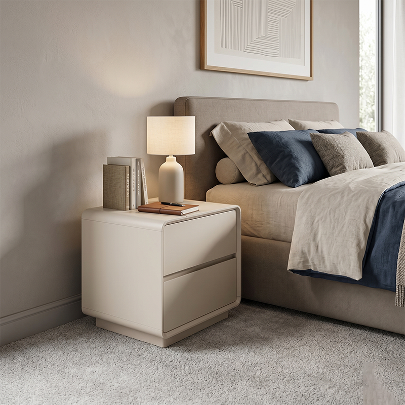 Modern Minimalist MDF Cream White Nightstand 2-Drawer - Rounded Edge Bedside Storage Cabinet With Hidden Handle For Bedroom Lumendat