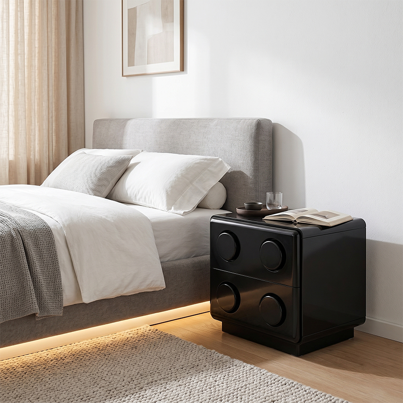 Contemporary Creative MDF Nightstand - Block-Inspired 2-Drawer Bedside Storage Cabinet With Rounded Edges & Built-in Knob Handles For Bedroom Lumendat