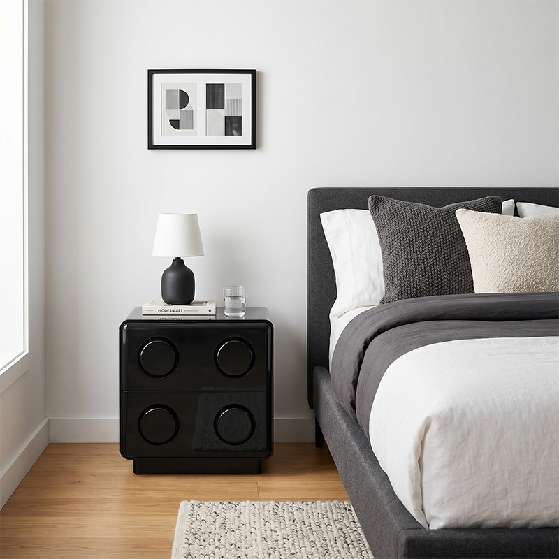 Contemporary Creative MDF Nightstand - Block-Inspired 2-Drawer Bedside Storage Cabinet With Rounded Edges & Built-in Knob Handles For Bedroom Lumendat