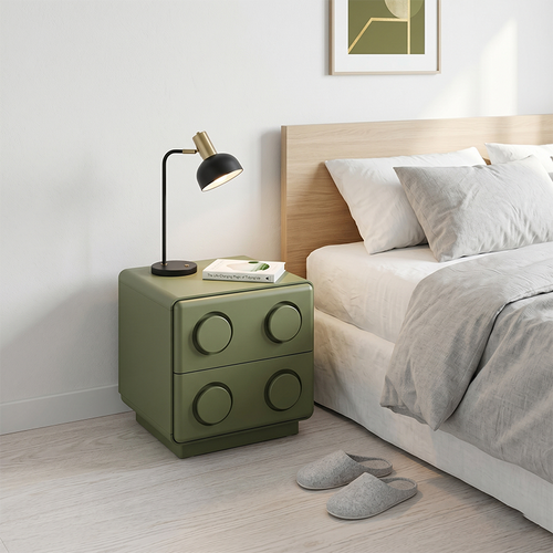 Contemporary Creative MDF Nightstand - Block-Inspired 2-Drawer Bedside Storage Cabinet With Rounded Edges & Built-in Knob Handles For Bedroom Lumendat