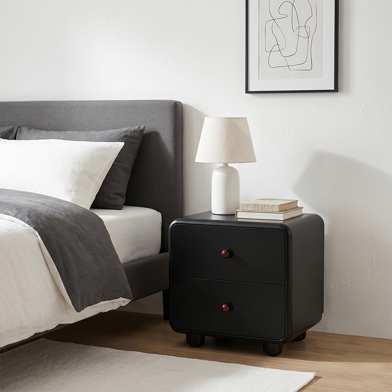 Modern Minimalist MDF Cream Style Nightstand With Dual Round Handles - 2 Drawers Bedside Table With Rounded Corners Storage Cabinet For Bedroom Lumendat