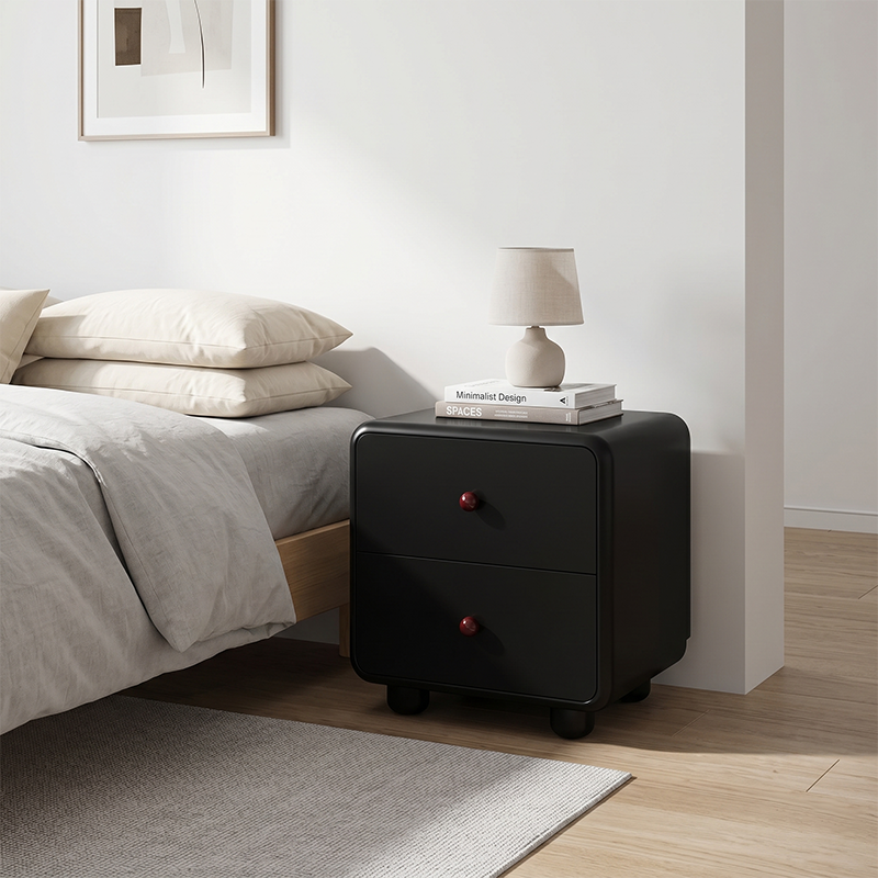 Modern Minimalist MDF Cream Style Nightstand With Dual Round Handles - 2 Drawers Bedside Table With Rounded Corners Storage Cabinet For Bedroom Lumendat