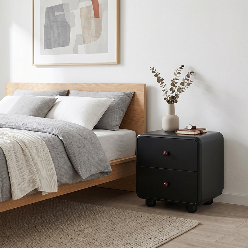 Modern Minimalist MDF Cream Style Nightstand With Dual Round Handles - 2 Drawers Bedside Table With Rounded Corners Storage Cabinet For Bedroom Lumendat