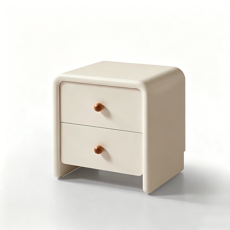 Modern Minimalist MDF Cream Nightstand - 2 Drawers Bedside Table With Rounded Corners & Open Base Storage Cabinet For Bedroom Lumendat