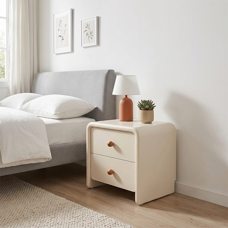 Modern Minimalist MDF Cream Nightstand - 2 Drawers Bedside Table With Rounded Corners & Open Base Storage Cabinet For Bedroom Lumendat