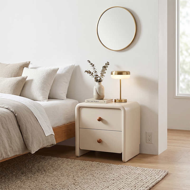 Modern Minimalist MDF Cream Nightstand - 2 Drawers Bedside Table With Rounded Corners & Open Base Storage Cabinet For Bedroom Lumendat
