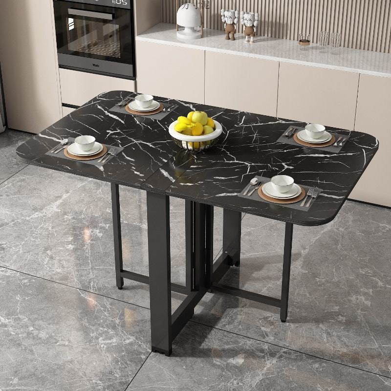 Modern Minimalist Rounded Rectangular Iron MDF Foldable Space-Saving Drop Leaf Dining Table For 4-6 Seats DFM-F