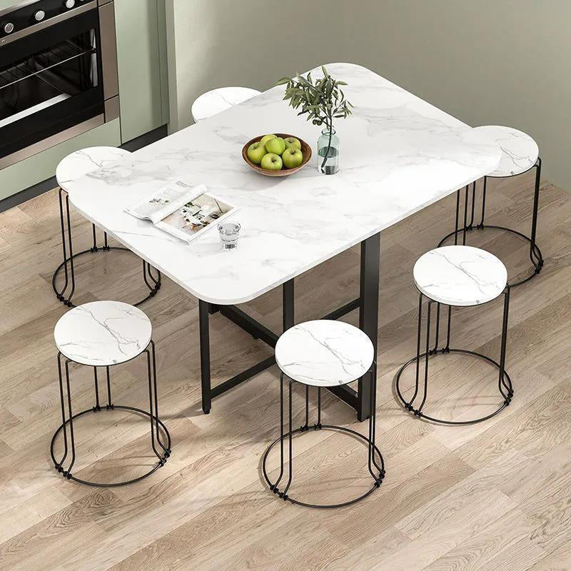 Modern Minimalist Rounded Rectangular Iron MDF Foldable Space-Saving Drop Leaf Dining Table For 4-6 Seats