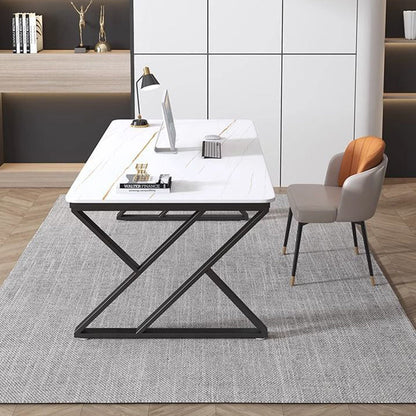 Stone Slab Top Office Desk with Carbon Steel Frame - Modern Minimalist Rectangular Desk for Home Office