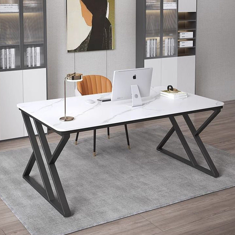 Stone Slab Top Office Desk with Carbon Steel Frame - Modern Minimalist Rectangular Desk for Home Office DFM-F