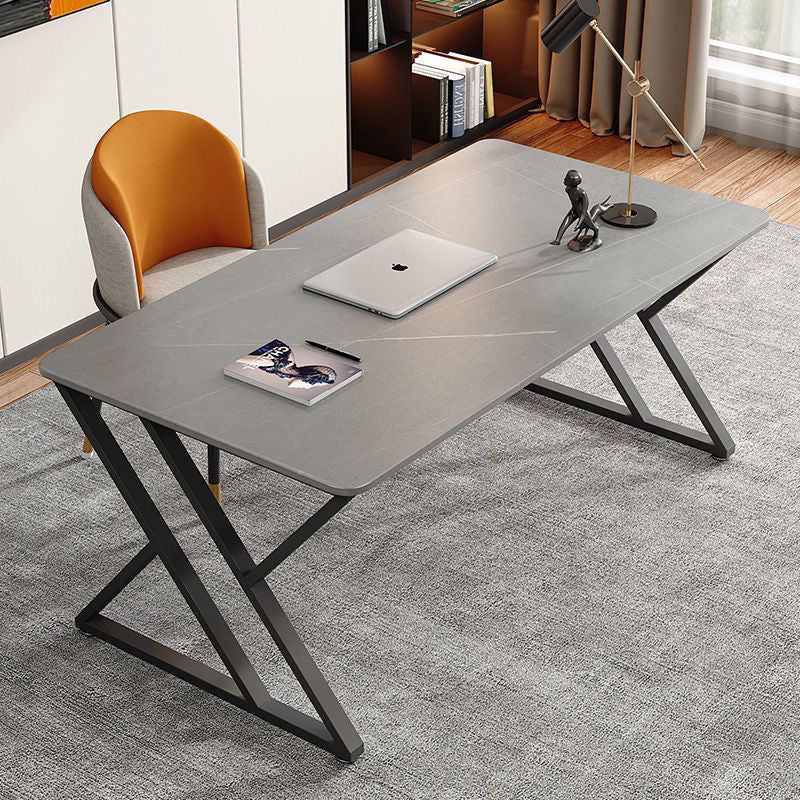 Stone Slab Top Office Desk with Carbon Steel Frame - Modern Minimalist Rectangular Desk for Home Office