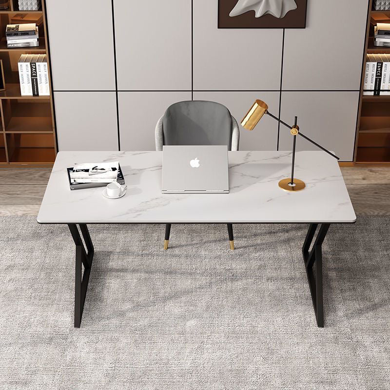 Stone Slab Top Office Desk with Carbon Steel Frame - Modern Minimalist Rectangular Desk for Home Office