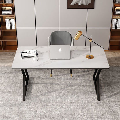 Stone Slab Top Office Desk with Carbon Steel Frame - Modern Minimalist Rectangular Desk for Home Office