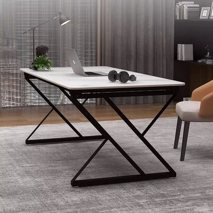 Stone Slab Top Office Desk with Carbon Steel Frame - Modern Minimalist Rectangular Desk for Home Office