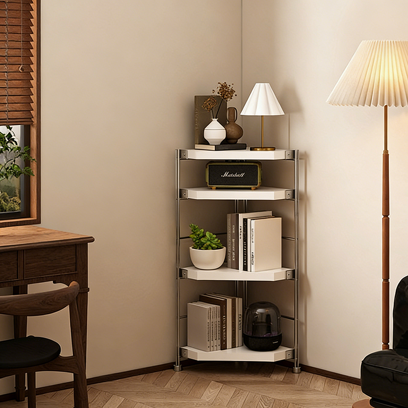 Modern Minimalist Particleboard & Steel Triangle Corner Shelf Unit With 4-Tiers For Living Room And Home Office DFM-F