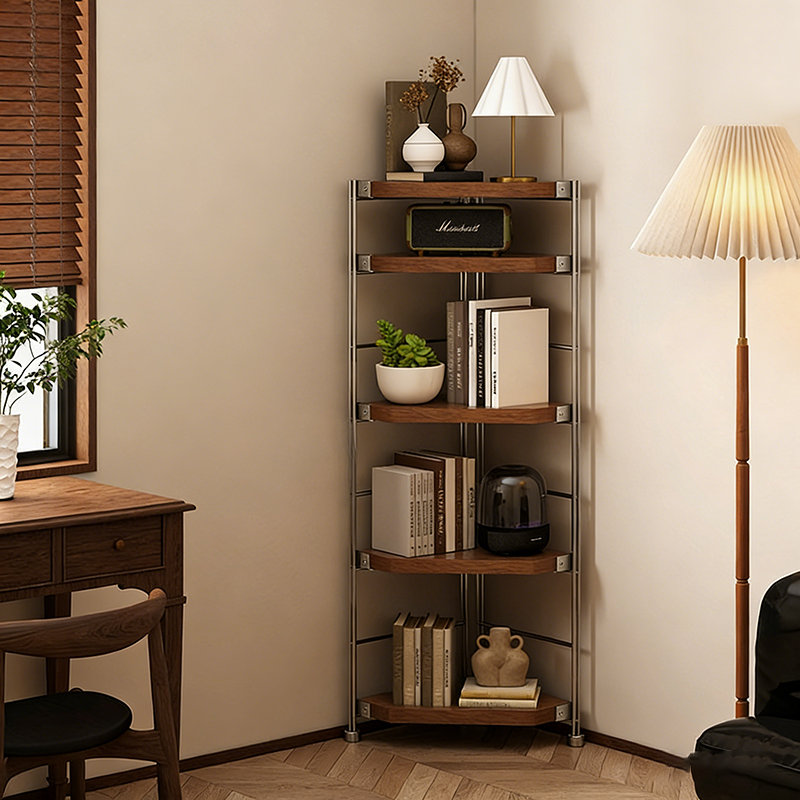 Modern Minimalist Particleboard & Steel Triangle Corner Shelf Unit With 4-Tiers For Living Room And Home Office DFM-F