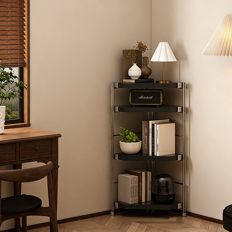 Modern Minimalist Particleboard & Steel Triangle Corner Shelf Unit With 4-Tiers For Living Room And Home Office DFM-F