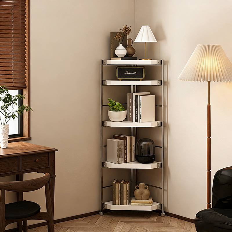 Modern Minimalist Particleboard & Steel Triangle Corner Shelf Unit With 4-Tiers For Living Room And Home Office DFM-F