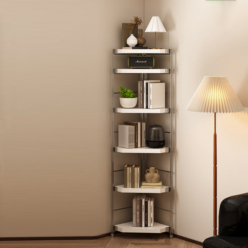 Modern Minimalist Particleboard & Steel Triangle Corner Shelf Unit With 4-Tiers For Living Room And Home Office DFM-F