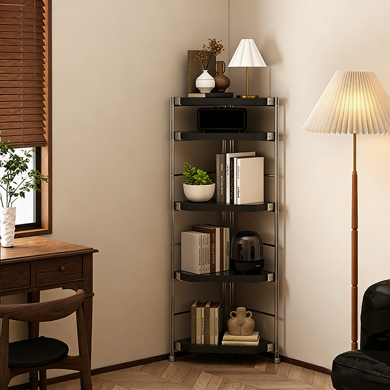 Modern Minimalist Particleboard & Steel Triangle Corner Shelf Unit With 4-Tiers For Living Room And Home Office DFM-F