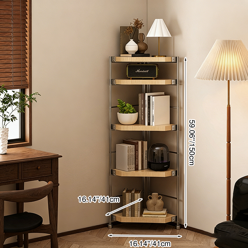 Modern Minimalist Particleboard & Steel Triangle Corner Shelf Unit With 4-Tiers For Living Room And Home Office DFM-F