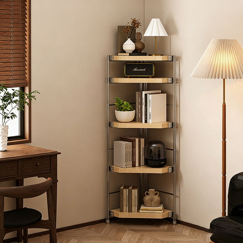 Modern Minimalist Particleboard & Steel Triangle Corner Shelf Unit With 4-Tiers For Living Room And Home Office DFM-F