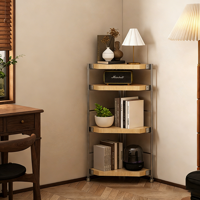 Modern Minimalist Particleboard & Steel Triangle Corner Shelf Unit With 4-Tiers For Living Room And Home Office DFM-F