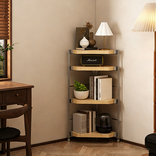 Modern Minimalist Particleboard & Steel Triangle Corner Shelf Unit With 4-Tiers For Living Room And Home Office