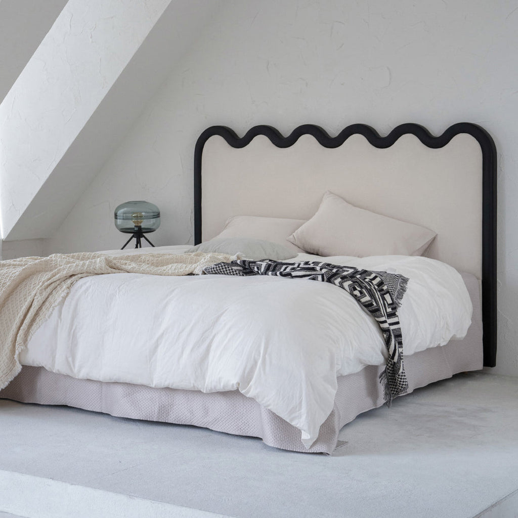 Wavy Paint-Free Solid Wood Bed Frame - Beige Linen French Design For Your Bedroom Lumendat
