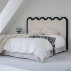 Wavy Paint-Free Solid Wood Bed Frame - Beige Linen French Design For Your Bedroom Lumendat
