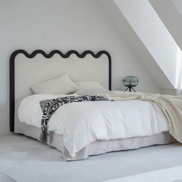 Wavy Paint-Free Solid Wood Bed Frame - Beige Linen French Design For Your Bedroom Lumendat