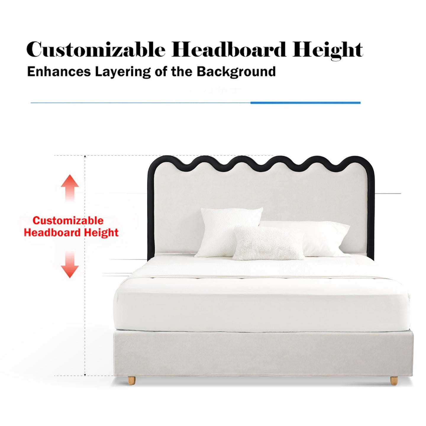 Wavy Paint-Free Solid Wood Bed Frame - Beige Linen French Design For Your Bedroom Lumendat