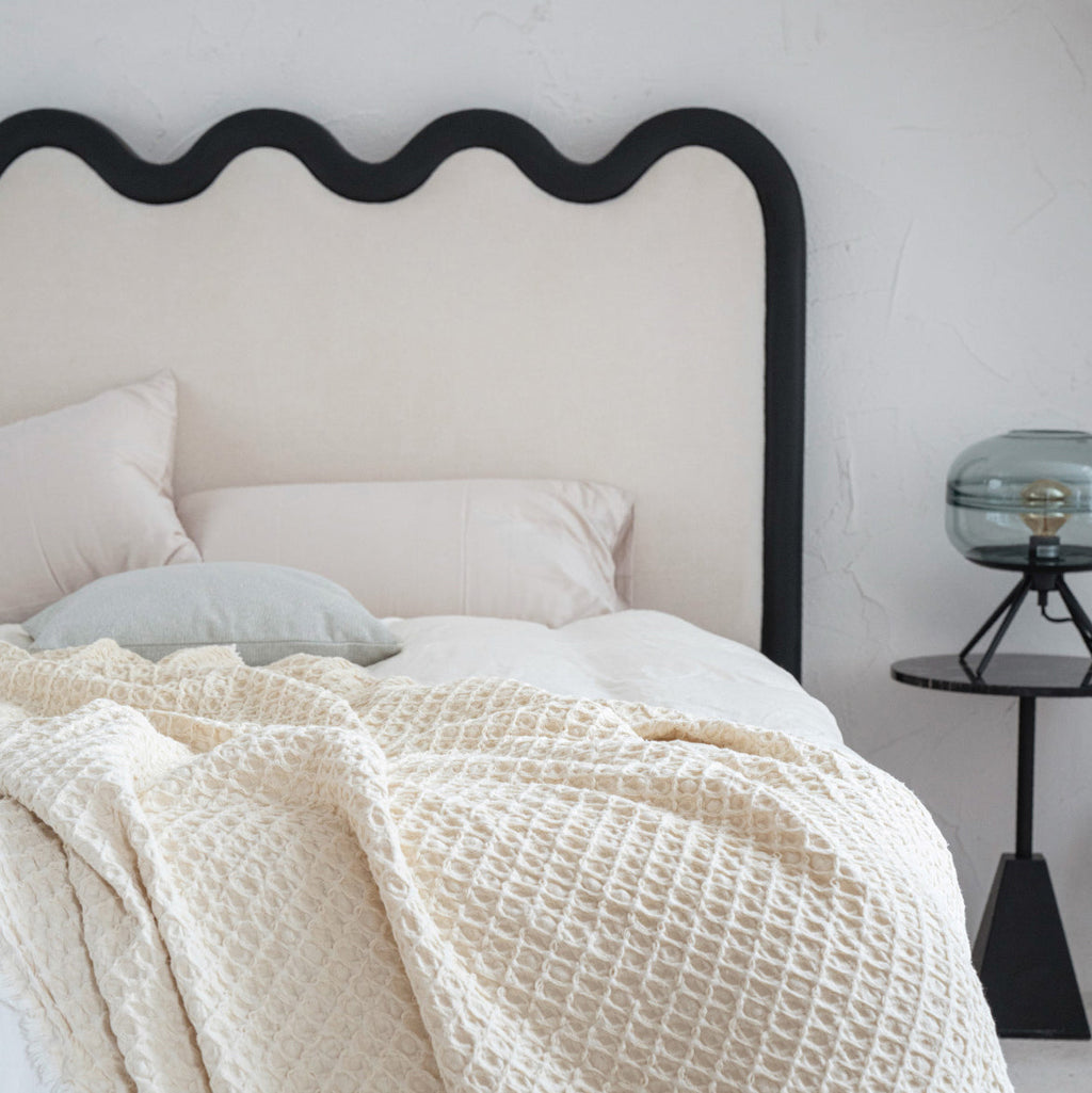 Wavy Paint-Free Solid Wood Bed Frame - Beige Linen French Design For Your Bedroom Lumendat