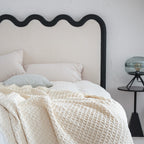 Wavy Paint-Free Solid Wood Bed Frame - Beige Linen French Design For Your Bedroom Lumendat