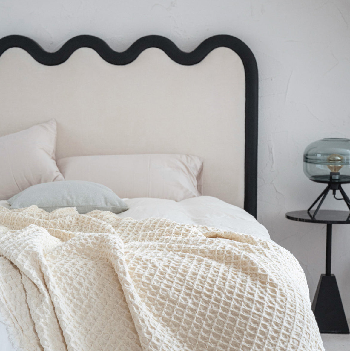 Wavy Paint-Free Solid Wood Bed Frame - Beige Linen French Design For Your Bedroom Lumendat