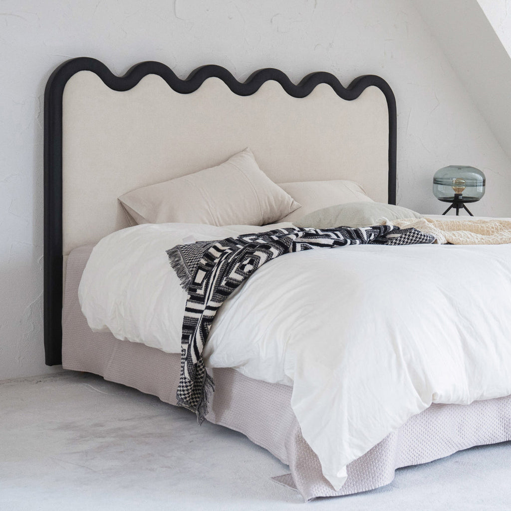 Wavy Paint-Free Solid Wood Bed Frame - Beige Linen French Design For Your Bedroom Lumendat