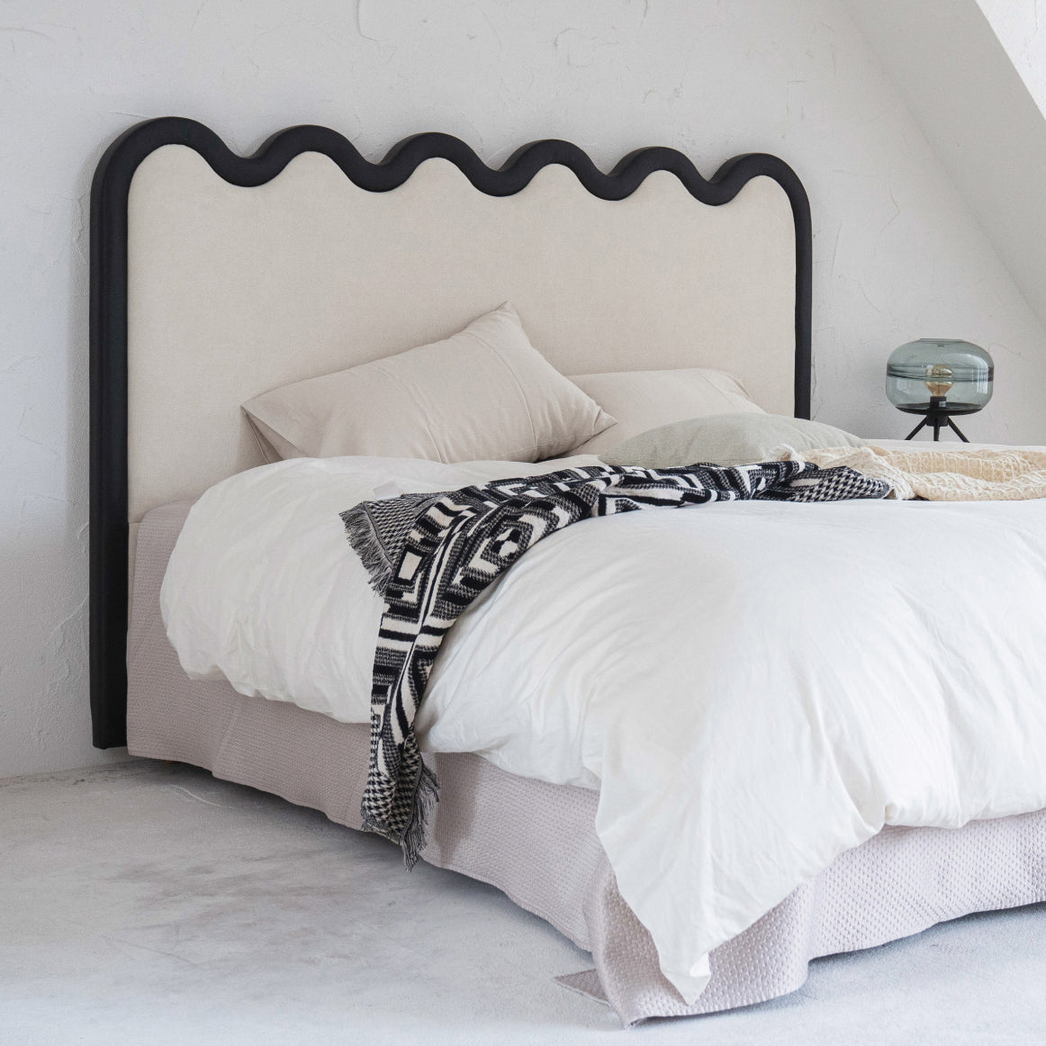 Wavy Paint-Free Solid Wood Bed Frame - Beige Linen French Design For Your Bedroom Lumendat