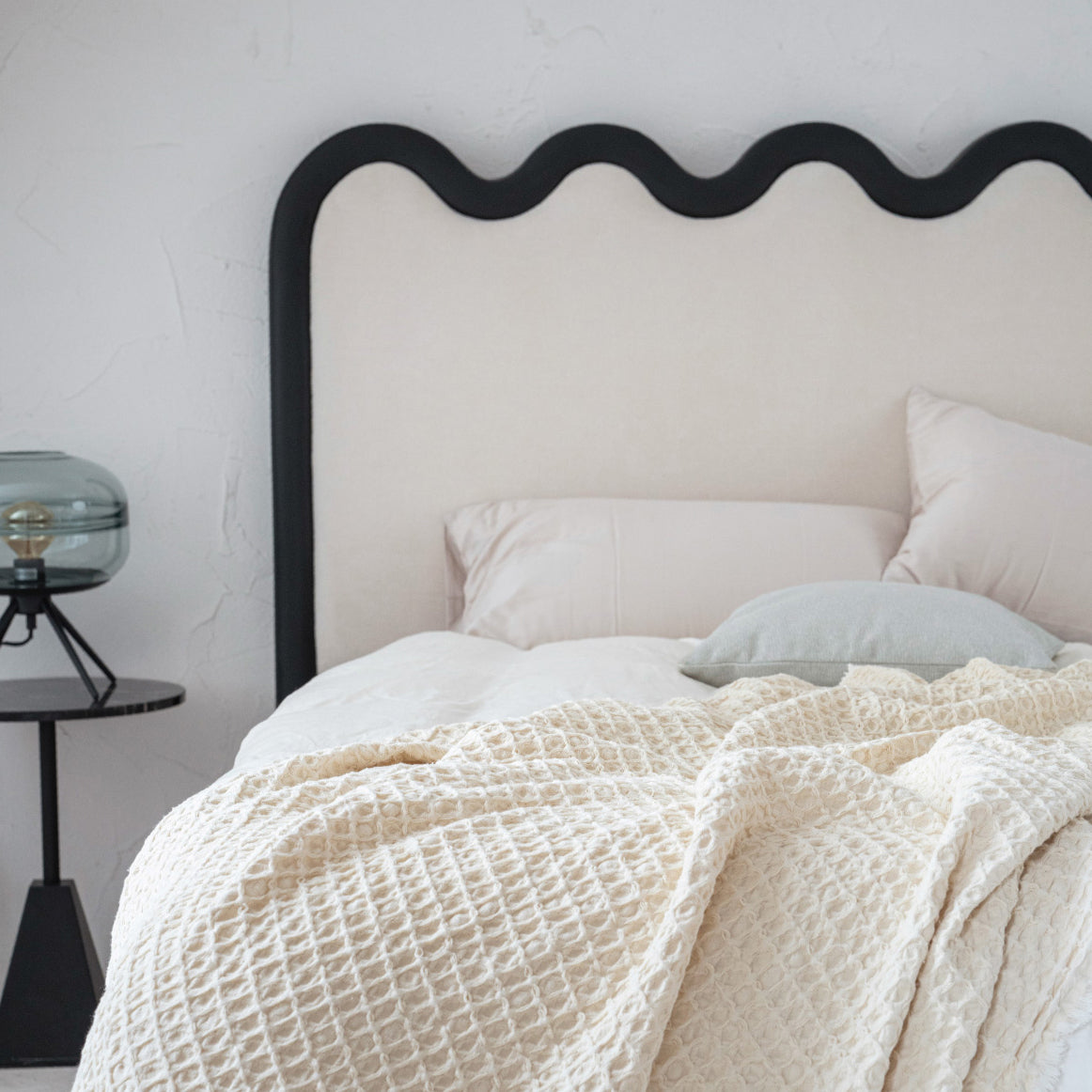 Wavy Paint-Free Solid Wood Bed Frame - Beige Linen French Design For Your Bedroom Lumendat