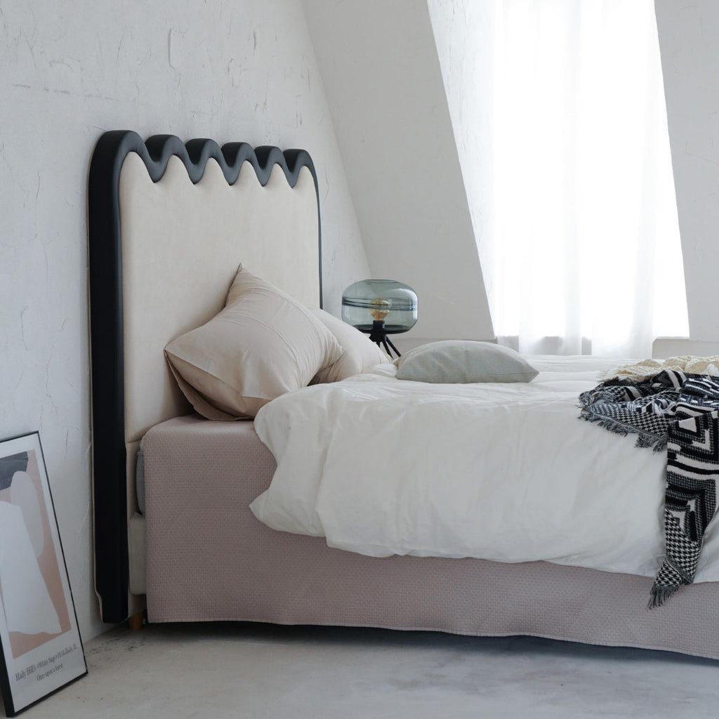 Wavy Paint-Free Solid Wood Bed Frame - Beige Linen French Design For Your Bedroom Lumendat
