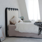 Wavy Paint-Free Solid Wood Bed Frame - Beige Linen French Design For Your Bedroom Lumendat