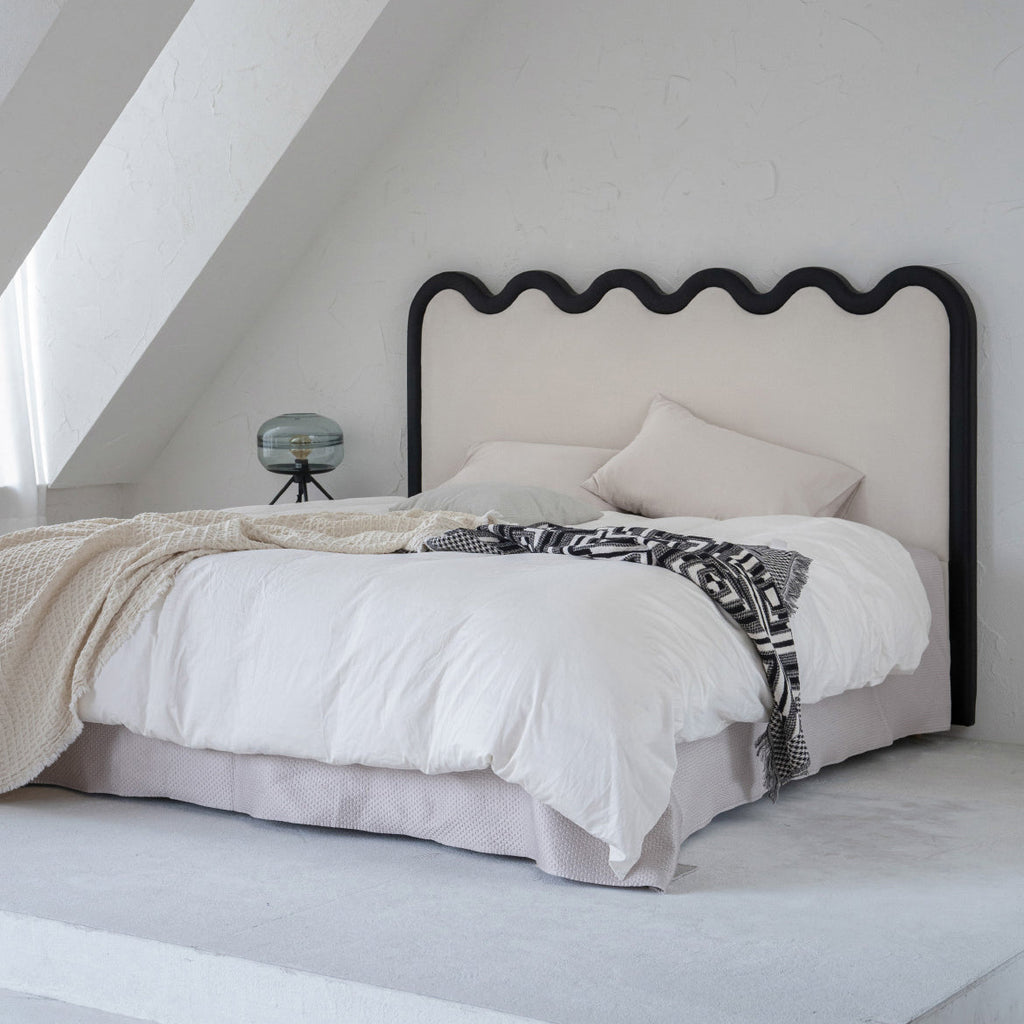 Wavy Paint-Free Solid Wood Bed Frame - Beige Linen French Design For Your Bedroom Lumendat