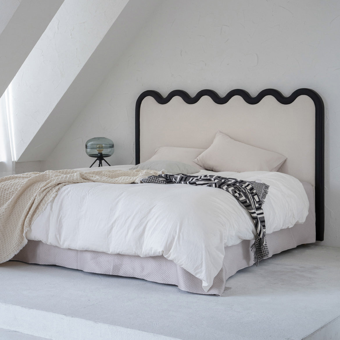 Wavy Paint-Free Solid Wood Bed Frame - Beige Linen French Design For Your Bedroom Lumendat