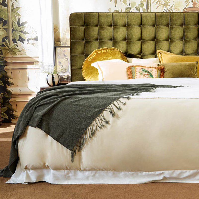 Velvet Sustainable Solid Wood Bed Frame - Vintage Cottage Olive Green Tufted Design Lumendat